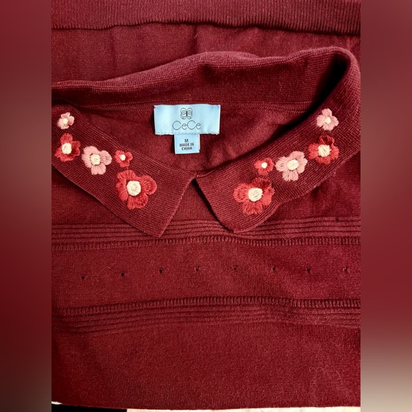🍒CeCe Burgundy Embroidered Peter Pan Collar Knit Top - Picture 7 of 7